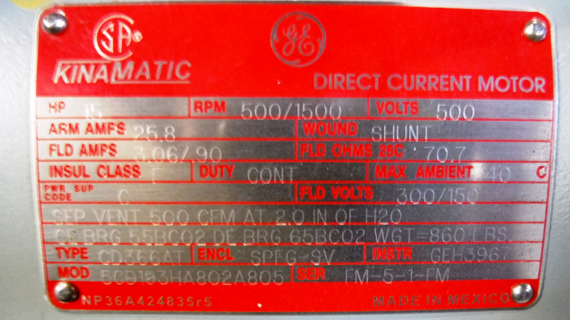 General Electric 15 HP 500/1500 RPM 366AT DC Motors 81676